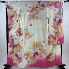 振袖 身丈162cm 裄丈68cm L 袷 草花 地紋 銀通し 金彩 クリーム 正絹 名品 【中古】