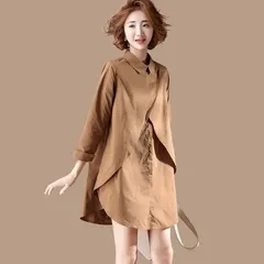 【ブラウン色★Ｌ】ワンピース シャツチュニック 長袖 大人可愛い きれいめ