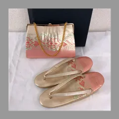 【美品】 草履 バッグ セット ／ Zori Sandals & Handbag Set 和柄 ゴールド×ピンク 振袖 訪問着 留袖 成人式 結婚式 和装小物