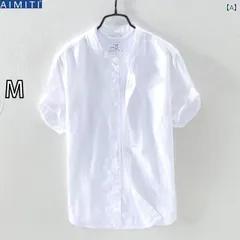 [M]メンズ 男性用 ファッション オシャレ シンプル 大人 かっこいい ストリート ヒップホップ HipHop ライト ブルー リネンノー カラー シャツ 半袖 トップス スタンドカラー シャツ 夏 薄手 コットンリネン ホワイト シャツ