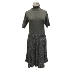 ギャラリービスコンティ GALLERY VISCONTI ワンピース タートルネック ウール混 ツイード 半袖 ひざ丈 3 グレー 黒 ブラック