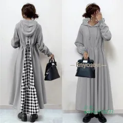 ワンピース 長袖 ロング ロングワンピ フード付き チェック柄 切り替え お出かけ 通学 通勤 体型カバー カジュアル ゆったり ant4y979235