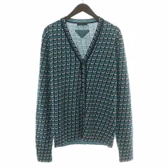 プラダ PRADA ニットカーディガン 長袖 Vネック ウール 総柄 52 XXL 青 ブルー 黒 ブラック /BBのサムネイル