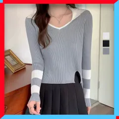 新品 ニットトップス レディース Vネック 長袖 スリット入り ファッショントップス きれいめ 【送料無料】