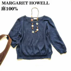 【風をまとう心地よさ】 春夏秋 レディース ネイビー Ⅱ M 麻100% MARGARET HOWELL マーガレットハウエル リネン サマーニット 七分袖 シアー 日本製