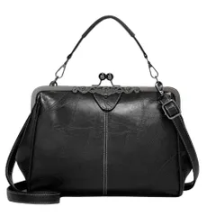 ノーブランド品レディースショルダーバッグアンティークレトロ2wayがま口バッグPUレザー斜めがけ多機能大容量通勤通学旅行ブラック [ブラック]