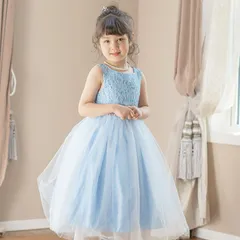 【サックス】ウエストビジューのレースドレス TAK キッズ キャサリンコテージ