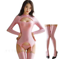 レオタード セクシー 過激 透け ハイネック 光沢 ピンク シースルー セット コスプレ ニーハイ ボディースーツ ボディタイツ 谷間 長袖 伸縮性 大きいサイズ
