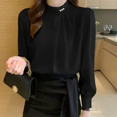 ☆ ブラック ☆ Lサイズ ☆ ブラウス トップス 首元パール付き ブラウス 長袖 秋冬 レディース きれいめ シャツブラウス シャツ トップス プルオーバー おしゃれ オシャレ オフィス フォーマル スーツ インナー ハイネック 襟なし ウエーブタック
