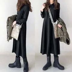 プリーツ ワンピース 即購入OK レディース ロングワンピース 長袖 ロング丈 マキシ丈 ボタン止め シャツワンピース シンプル 無地 体型カバー ゆったり 秋 冬 カジュアル おしゃれ 20代 30代 40代 50代