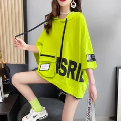 パーカー 半袖 フード Tシャツ トップス 薄手 プルオーバー かぶり フーディ ロゴ プリント レディース 韓国ファッション 夏 春 カジュアル オーバーサイズ ビッグシルエット 体型カバー 大きいサイズ ゆったり 5分袖 黒 白 蛍光色 ネオン おしゃれ