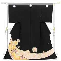 黒留袖 作家物 扇子に丸模様 向かい鳥 波模様 トールサイズ KK-1842 黒留袖 作家物 扇子に丸模様 向かい鳥 波模様 トールサイズ KK-1842