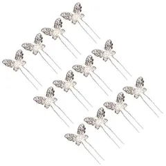 12本_シルバー Frcolor お蝶 Uピン ヘアピン 蝶 ヘッドドレス 女の子 かんざし 髪飾り 結婚式 発表会 ヘアアクセサリ 12本セットシルバー