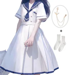 新品 [Ligwon] セーラー服 短袖 女子高生 高校生 JK 制服 ワンピース プリーツスカート 白 青 ハロウィン コスプレ コスチューム レディース 女性 かわいい 学校 学生 服 大人用 学園祭 文化祭 仮装