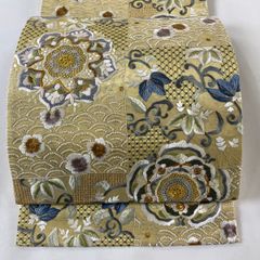 H-648 袋帯 正絹 お太鼓柄 金糸 箔 華模様 花丸模様 扇柄 金 袋帯 名品 お太鼓柄 正絹