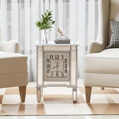 新品 サイドテーブル ナイトテーブル ミラー ガラス 時計付き シルバー おしゃれ かわいい スタイリッシュ 組み立て簡単 4本脚 ベッドサイドテーブル リビング 寝室 kkkakf