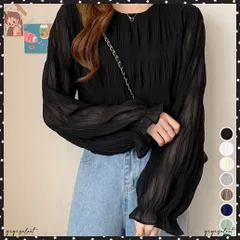 シャーリングブラウス 長袖トップス韓国風 袖シースルートップス レディース 裏地付き ギャザーブラウス 着やせ フェミニン重ね着インナー おしゃれプルオーバー春秋 シフォンシャツ春秋 大人可愛いブラウス シアーブラウス上品