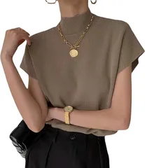 Kanpari フレンチスリーブ Tシャツ レディース ノースリーブ キャミソール サマーニット タンクトップ 半袖 ニットセーター ハイネック トップス インナー カットソー ｔシャツ 袖なし ゆったり(カーキ,  Free Size)