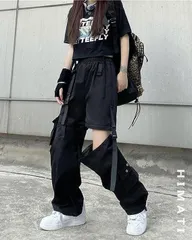 カーゴパンツ レディース ロングパンツ ワイドカーゴパンツ ポケット付き ゆったり ヒップホップ ダンス用 かっこいい ボトムスmeier01