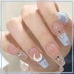 ネイルチップつけ爪 推し活青系 韓国 大人ロング 月星春夏 グリッターセラムン デザイン アート 可愛い  水色界隈