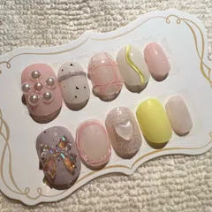 量産型 フレンチガーリー パステル フラワーネイル リボン オーロラ 韓国