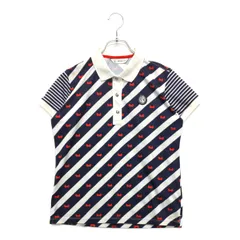 中古 レディース アンパスィ and per se 半袖ポロシャツ L 紺×白  ネイビー×ホワイト 斜めストライプ 総柄
