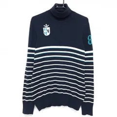 パーリーゲイツ タートルネックセーター ネイビー×白 ボーダー ニット コットン混 ハイネック メンズ 5(L) ゴルフウェア PEARLY GATES
