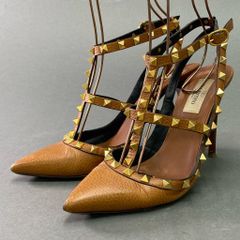 4e10 VALENTINO GARAVANI ヴァレンティノ ガラヴァーニ ロックスタッズ ヒールパンプス 37 1/2 ライトブラウン レザー サンダル シューズ イタリア製