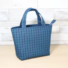 【ジップ付き】 ファミリア風 ブルーグリーンチェック タータンチェック マチあり ミニトートバッグ ランチバッグ　サブバッグ　ミニバッグ ハンドメイド