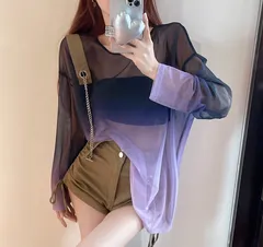 シアーシャツ ブラウス レディース 長袖 透け感 トップス グラデーション パープル（紫） 韓国ファッション 夏 秋 体型カバー きれいめ カジュアル layering インナー合わせ [1087]