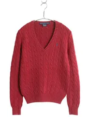 【お得なクーポン配布中!】 ラルフローレン コットン ケーブル ニット セーター レディース М 古着 ポロ スポーツ 長袖ニット Vネック ワンポイント シンプル レッド