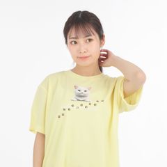 【 ライトイエロー 】 アニマル Tシャツ (白猫) Type1 スマイル ペット かわいい ドライ ポリエステル 半袖 Cat ねこ ネコ