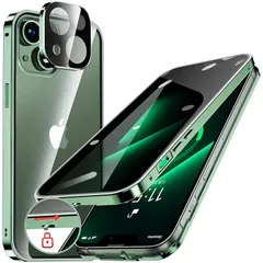 HGUTREY【覗き見防止・自動ポップアップボタン】 iPhone13 用 ケース 【ロック付き】【ストラップホール付き】一体型レンズ保護 両面9H強化ガラス あいふぉん13ケース 耐衝撃 アルミ バンパー メタルフレーム スマホケース 薄型 背面クリア  0