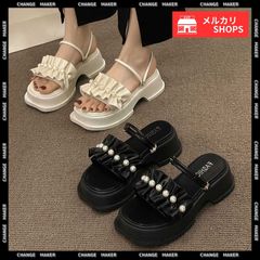 フリルサンダル 厚底 パールサンダル 2way ギャザーベルトサンダル スクエアトゥ コンフォートサンダル 美脚 脚長 大人可愛い サマーサンダル お洒落 夏 フェミニン リゾートサンダル ミュール サンダル  履きやすい 疲れない CH84TONGT-014
