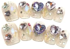 C-cute手作りネイルチップ【サイズ：M】10枚 ミディアム バレリーナ ハンドメイド ラメ入り ストーンパーツきらきら デート ハート ビジュー ストーンアート 人気 美爪 ３Dアート 可愛い つけ爪 成人式 入学式 卒業式 結婚式 パーティー