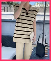 ★スタッフおすすめ★ サマーニットセットアップ韓国風上下セット セット 体型カバー/ニットパンツセット/着やせ無地パンツ夏 ツーピースセット ボーダ柄 ポロサマー おすすめ おしゃれ　人気 上品 90JINLONG-005