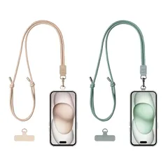 【新品】 [EKAX] スマホ ストラップ ショルダー 【2本セット】 首掛け・斜め掛け・肩掛け ストラップホルダー付き ネックストラップ 長さ調節可能 全機種対応 落下防止 タグパッチ付き 充電干渉なし 通勤・旅行・育児に便利 (ベージュ＋グリーン)