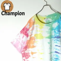 Champion タイダイ柄 Tシャツ 半袖 2XL 刺繍ロゴ 海外古着 A733 ハイチ ビッグサイズ 太アーム ワンポイント ショートスリーブ 大きい 大きめ ゆったり チャンピオン ホワイト 白 グリーン 緑 イエロー 黄色 ブルー青