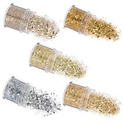 【人気商品】顔飾り ネイルパウダー ヘア飾り ラメパウダー ラメグリッター 新年 グリッター 容器付き クリスマス ネイルアート メイク用品 ネイルパーツ キラキラ ゴールド 5色セット ラメホログラム (ゴールド) YFFSFDC