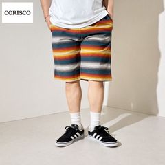 新品 CORISCO コリスコ 総柄 プリント ショートパンツ ミニ裏毛 スウェット ハーフパンツ 短パン  スウェットショーツ メンズ ユニセックス ボーダー レッド 赤 エスニック系 ネイティブ系 M L LL 8.マルチボーダーRED 621911