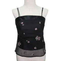 ビーシービージーマックスアズリア BCBGMAXAZRIA キャミソール トップス シースルー シルク 刺繍花柄 インナー付 4 XSサイズ相当 ブラック k23861 0731のサムネイル