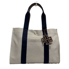 トリーバーチ　キャンバス×レザー　ナチュラルトリーネイビー　バッグ　トートバッグ　レディース　美品