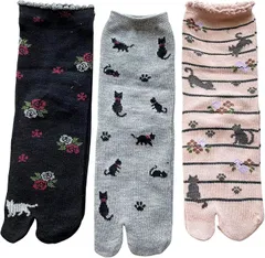モードセレクト 足袋 ソックス レディース 夏 薄手 綿混 猫柄 可愛い たび 靴下 ネコ柄 口ゴム ゆったり 3足セット 柄お任せ B20(マルチカラー)