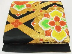 平和屋着物◎六通柄袋帯　唐織　松皮菱花文　黒地　金糸　正絹　逸品　AAAG3815Asx