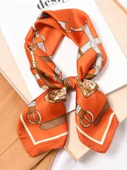 アクセサリー レディース スカーフ 1個 オレンジ フォーク シルク ファッションチェーン プリント スクエアスカーフ/バンダナ、新しいファッション シルクライクプリントスカーフ/ヘアバンド/ベルトデコレーション、