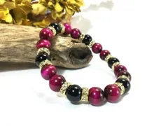 ピンクタイガーアイ×オニキス パワーストーン ブレスレット 天然石ブレス 10mm (ロンデル：ゴールド) メンズ・レディース　浄化済み △