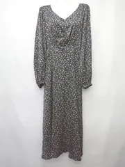◇ ⊂ w closet ダブルクローゼット 花柄 Vネック 長袖 膝下 ワンピース サイズF ブラック レディース P  【1409090008207】