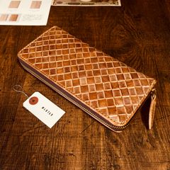 ブライドルレザー イントレチャート 編み込み メンズ 長財布 ラウンドファスナー