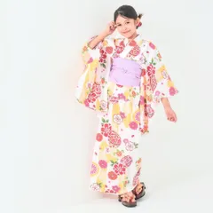 【2点セット】キッズ 子供 浴衣 しわへこ 帯とセット 白 黄色 矢絣 毬 100〜150cm P9