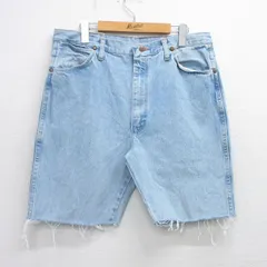 W34/古着 ラングラー ショート パンツ ショーツ メンズ コットン 薄紺 ネイビー デニム 25aug06 中古 ボトムス 短パン ショーパン ハーフ